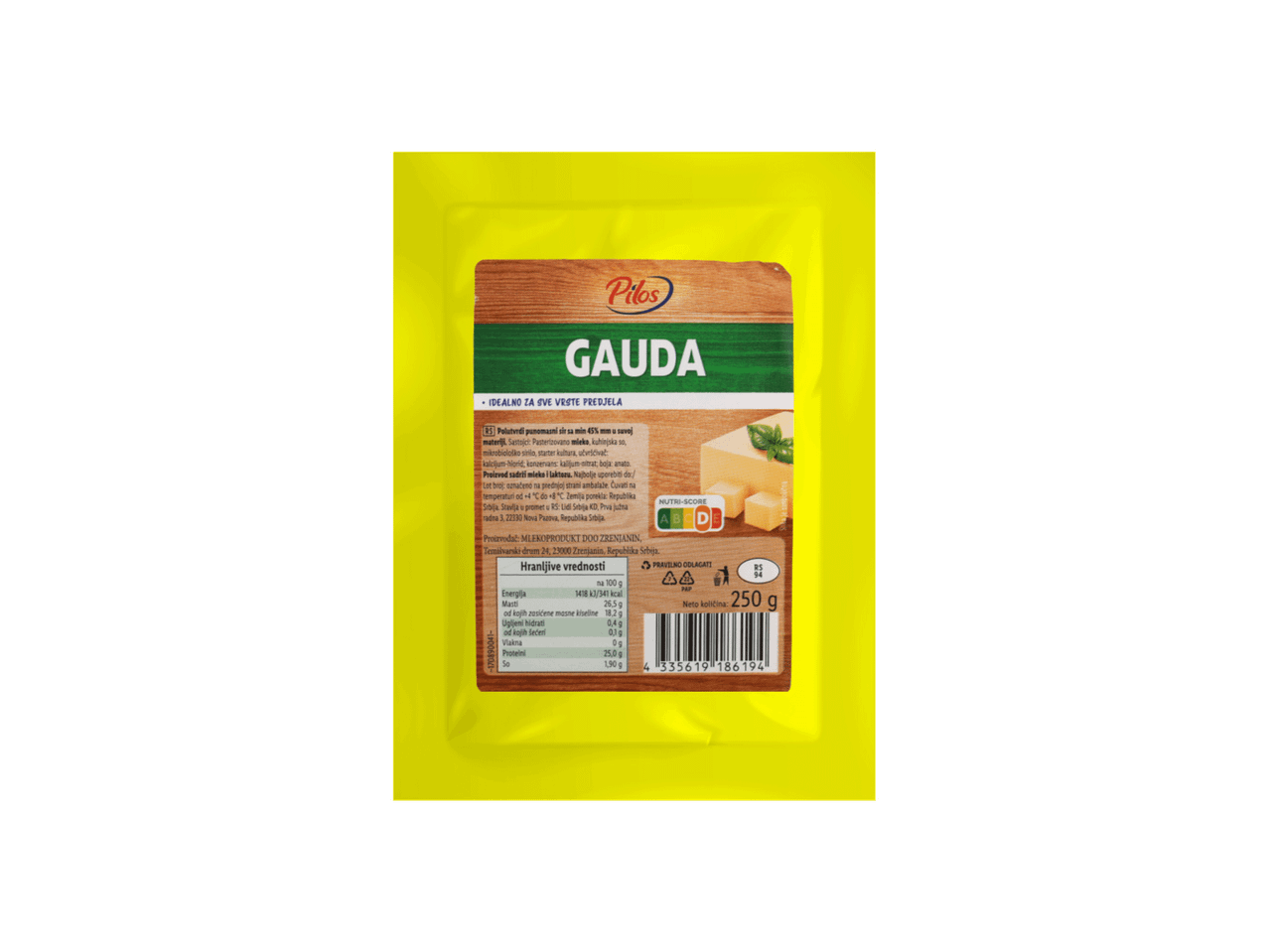 Pakovanje gauda sira sa informacijama o nutritivnoj vrednosti i težini od 250g.