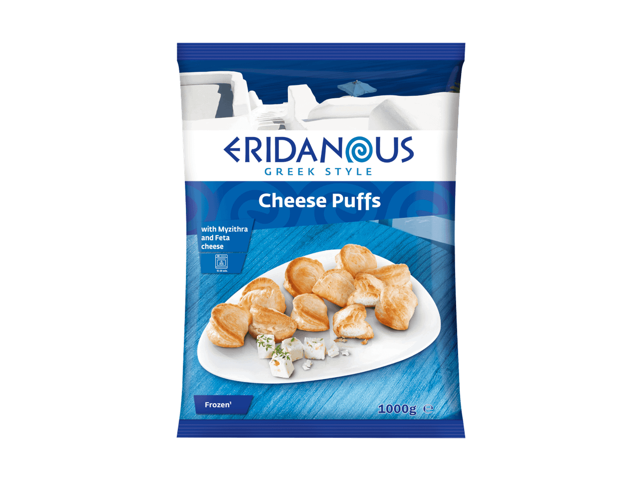 Paquet de feuilletés au fromage surgelés avec Myzithra et Feta, style grec, 1000g.