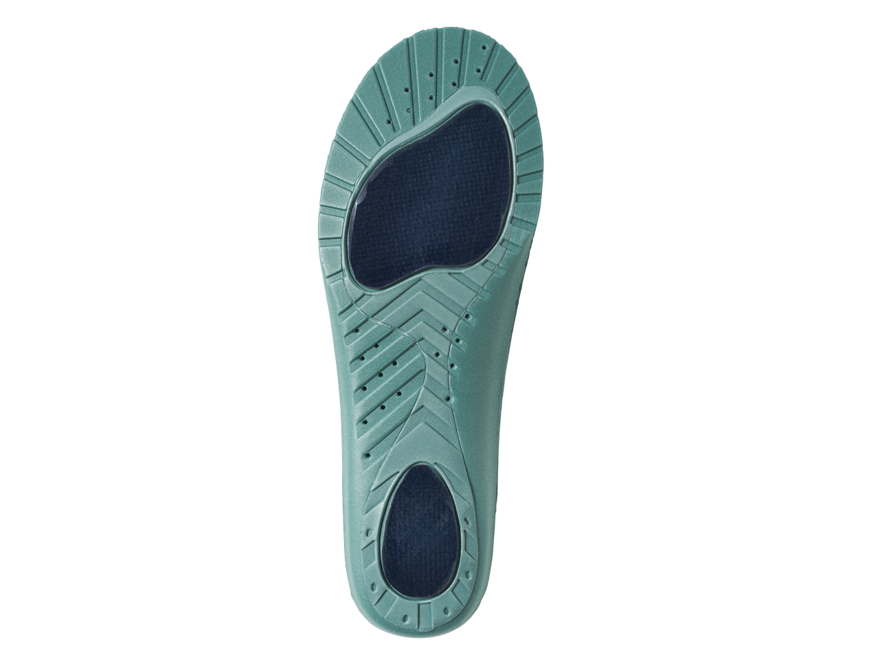 A teal insole with textured surface and dark blue heel and arch support.