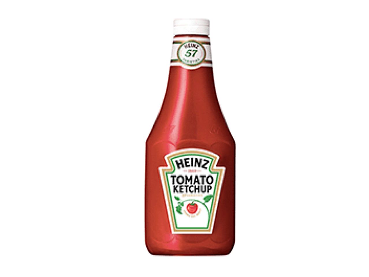 A bottle of tomato ketchup with a white and green label.