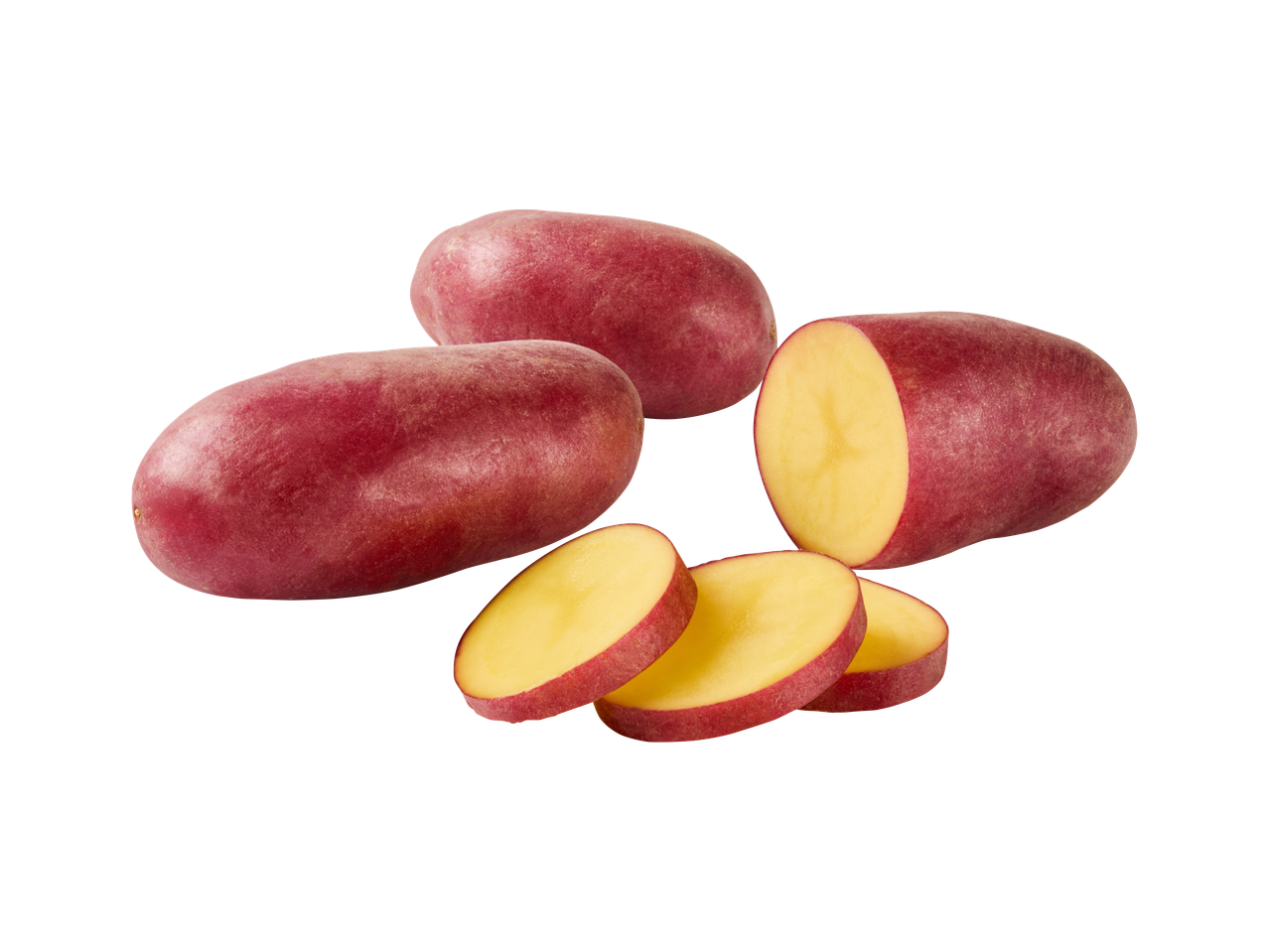 Crveni krumpir, cijeli i narezan na ploške, s crvenom korom i žutim mesom.