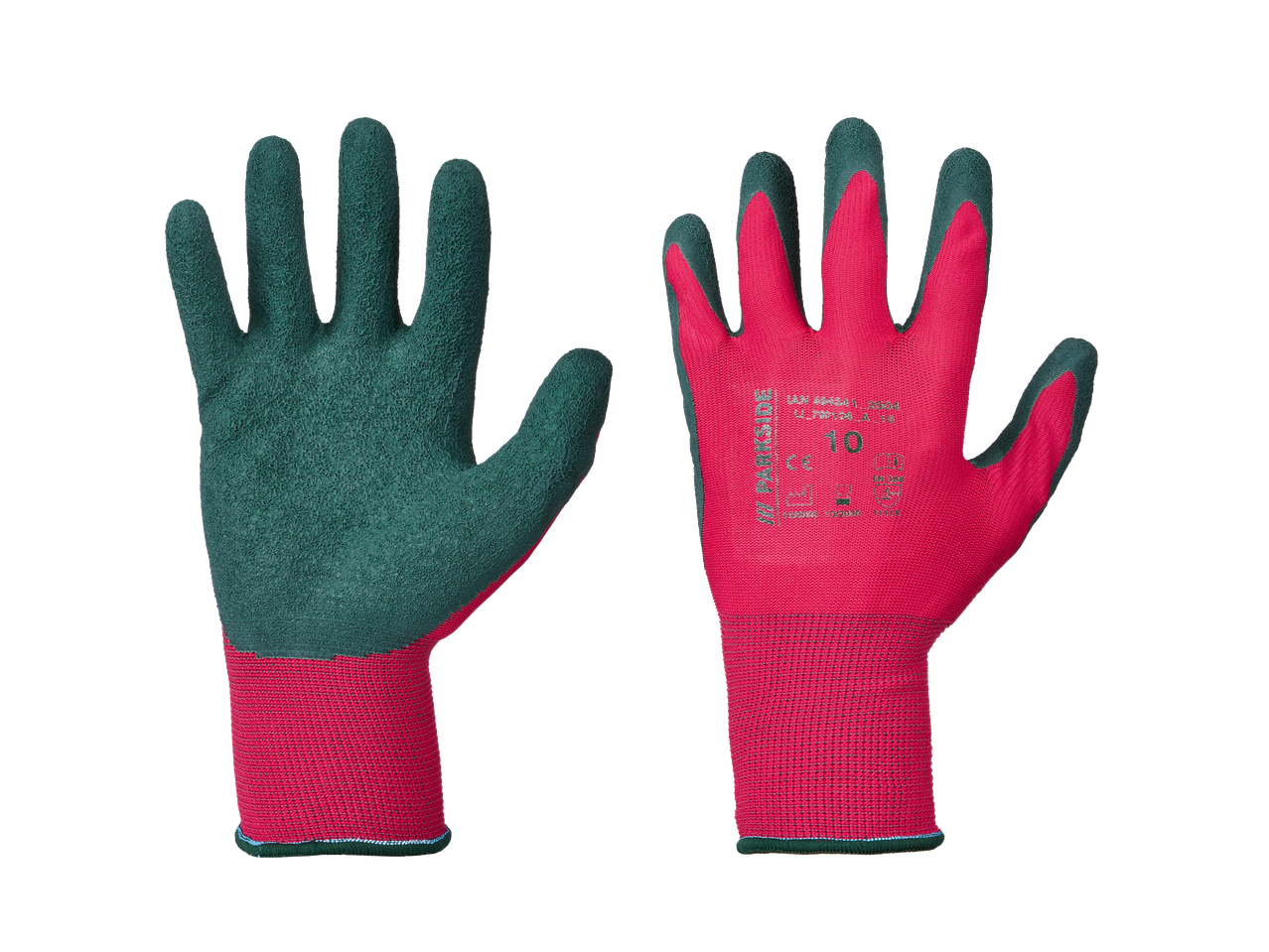 Két piros és zöld munkakesztyű, az egyik tenyérrel felfelé, a másik tenyérrel lefelé.