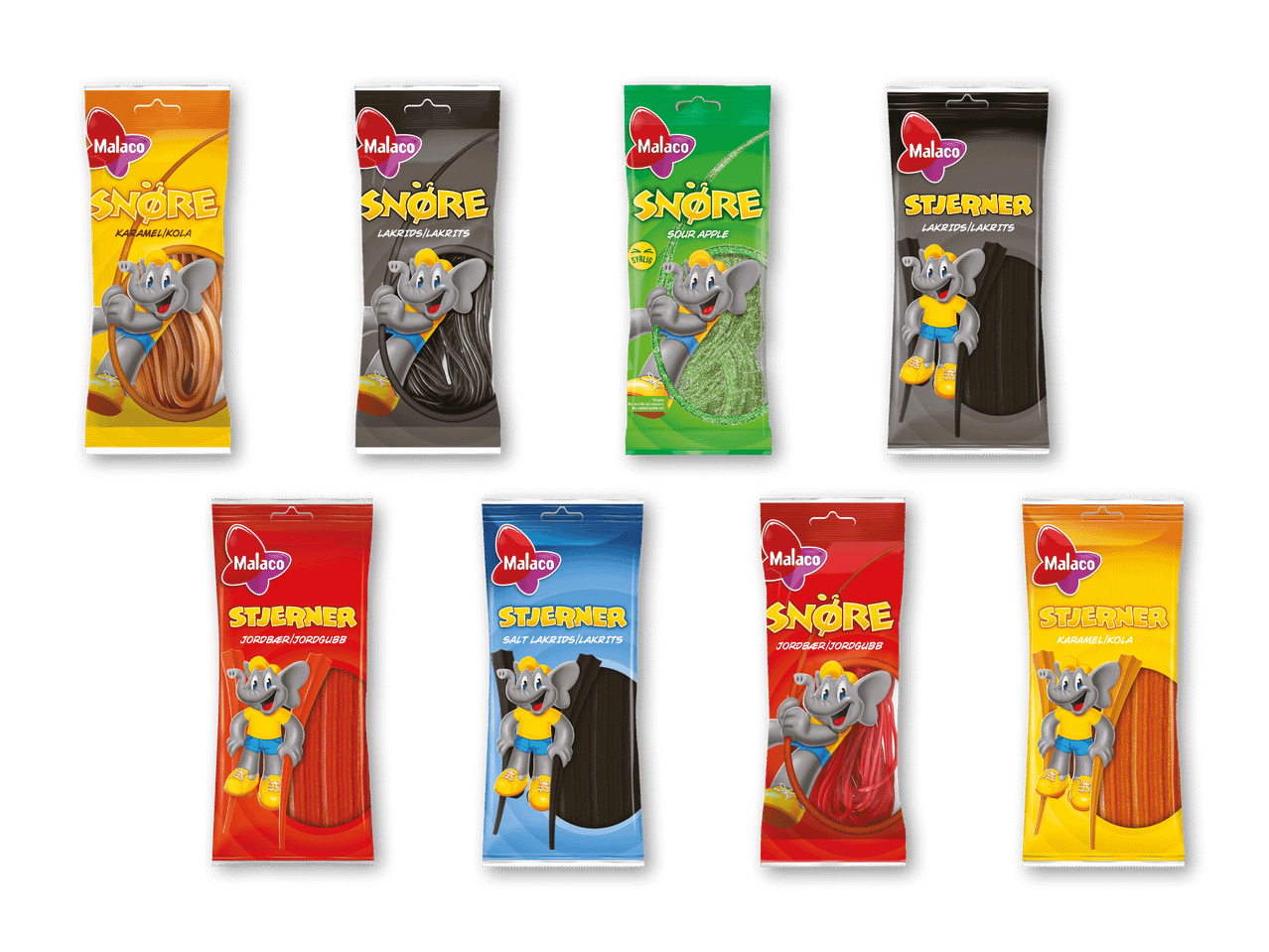 Otte poser med slik, herunder lakrids, karamel og jordbærsmag, med en tegneserieelefant.