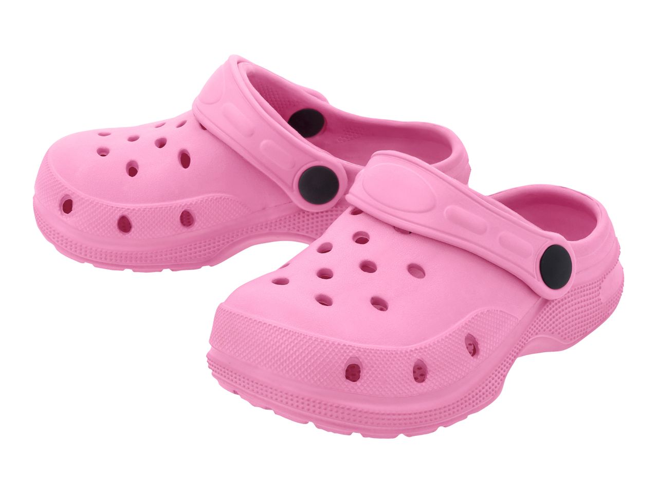 Pair of pink children's clogs with ventilation holes and black strap buttons.