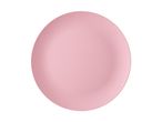 Rund, lyserød middagstallerken på en hvid baggrund.