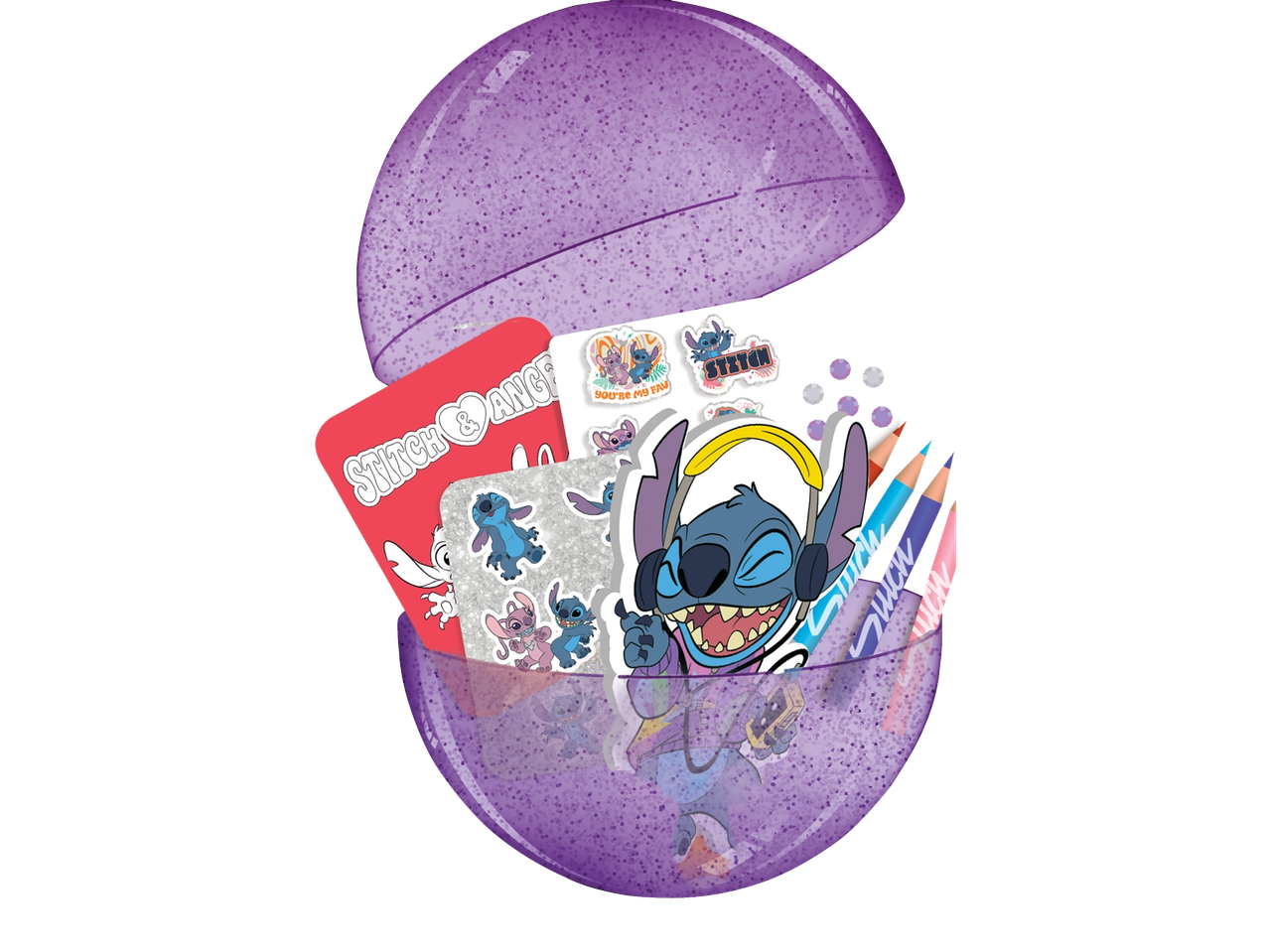 Stitch nalepnice, olovke i notes u šljokičavom jajetu.