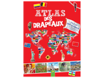 Couverture d'un atlas des drapeaux avec une carte du monde, des animaux et des monuments.
