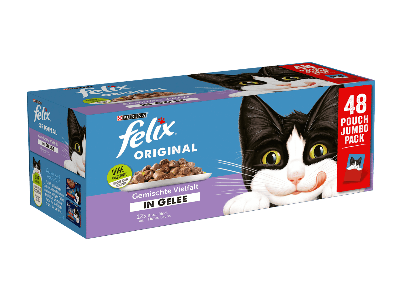 Großpackung Katzenfutter mit 48 Beuteln, gemischte Vielfalt in Gelee, ohne Farbstoffe.