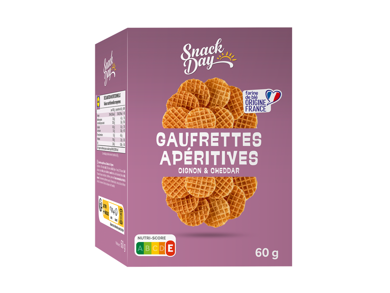 Boîte de gaufrettes apéritives oignon et cheddar, avec Nutri-Score A et la mention 'farine de blé origine France'.