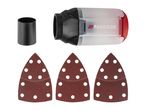 A dust collection box with a red handle and three triangular sanding sheets.