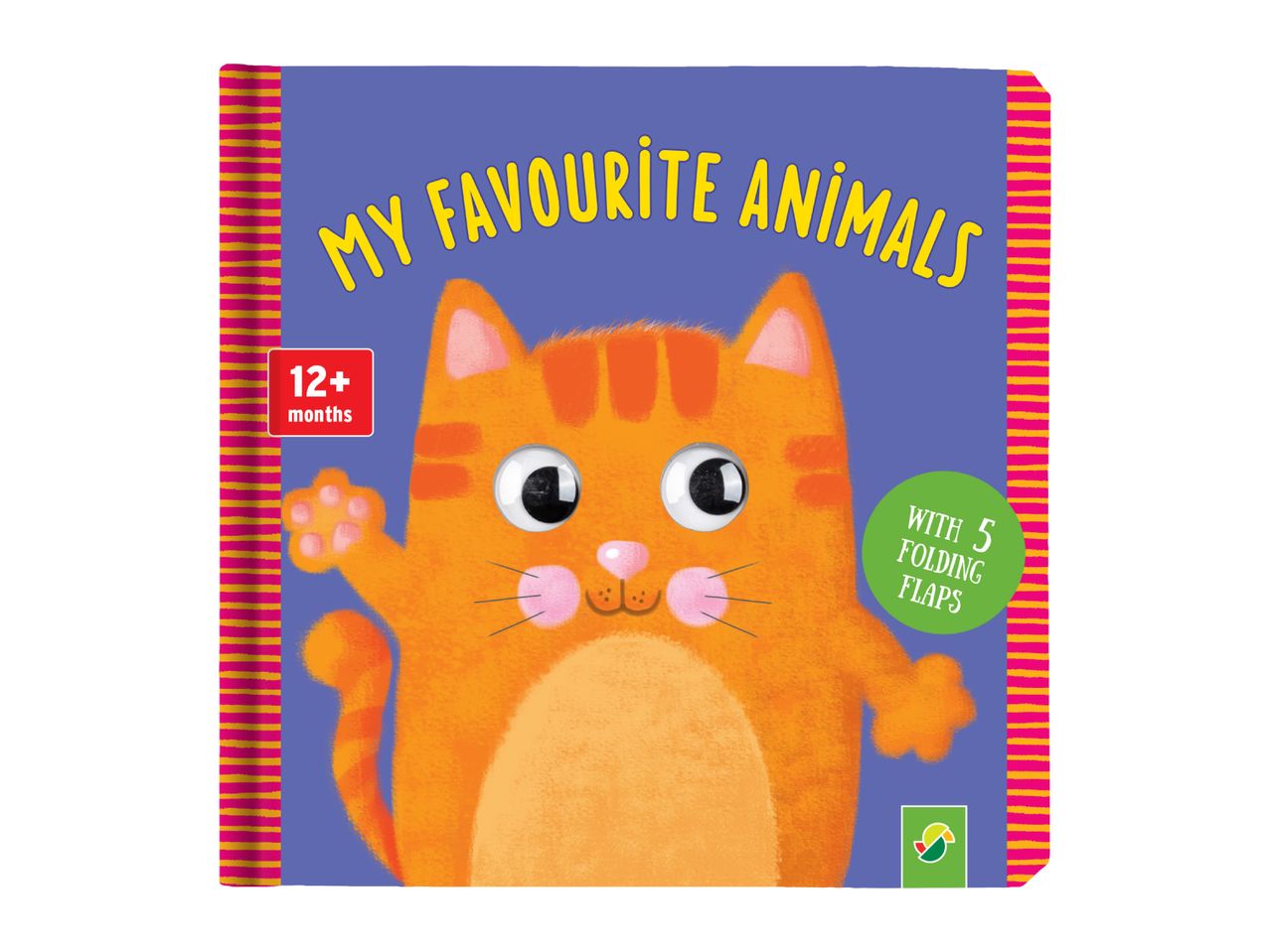 Children's board book, 'My Favourite Animals', featuring a cute orange cat, for 12+ months, with 5 folding flaps.