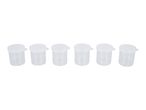 Six small, clear plastic containers with lids.