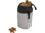 Grijze en zwarte snacktas voor huisdieren met brokjes en reepjes.