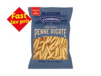 Penne rigate pasta i en blå pose med teksten 'Fast lav pris'.