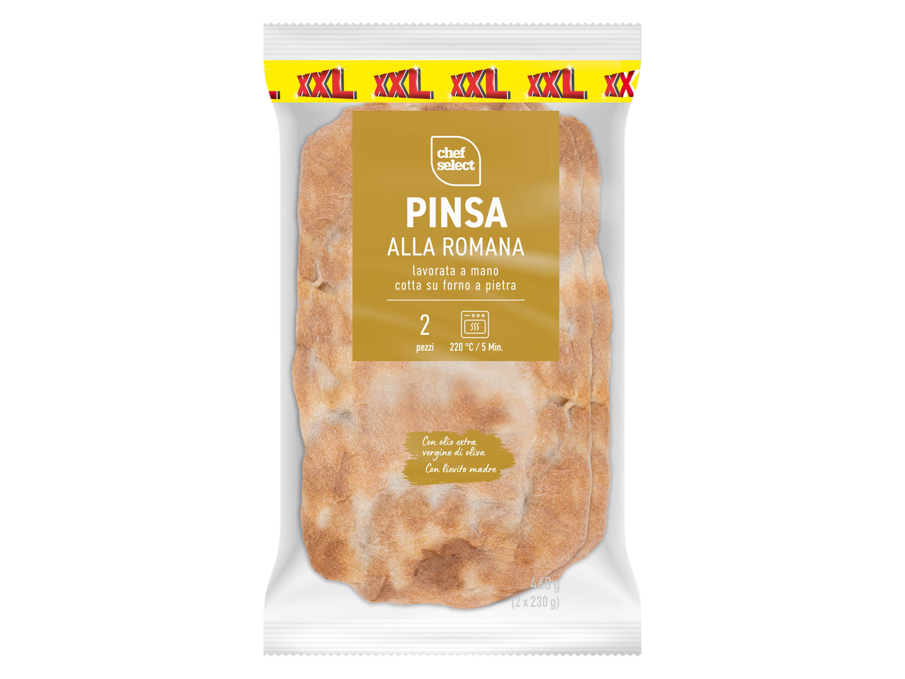 Confezione di Pinsa alla Romana Chef Select, con indicazioni di cottura e ingredienti.