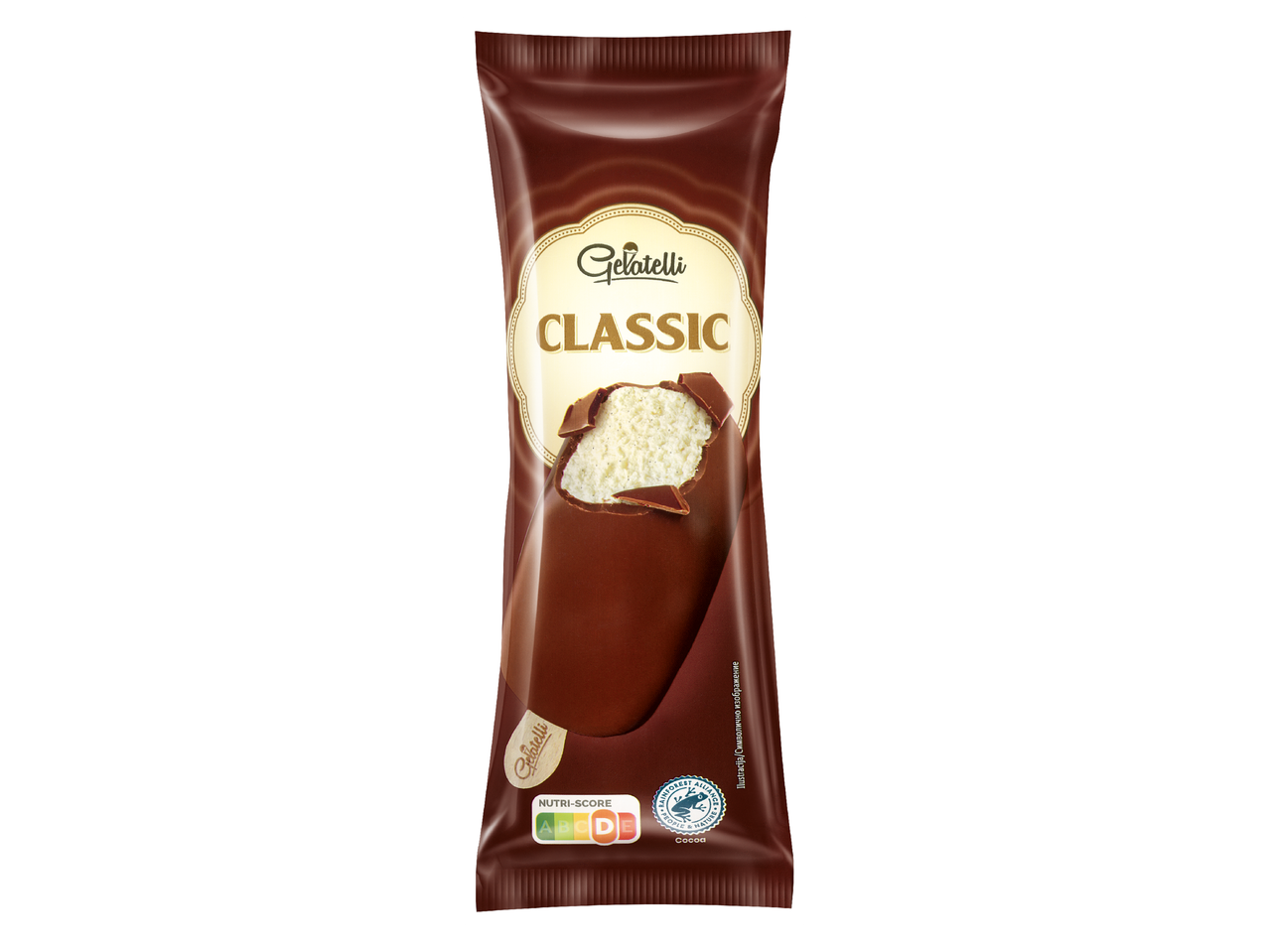 Шоколадов сладолед на клечка с ванилов пълнеж, с надпис „CLASSIC“ и Nutri-Score A.