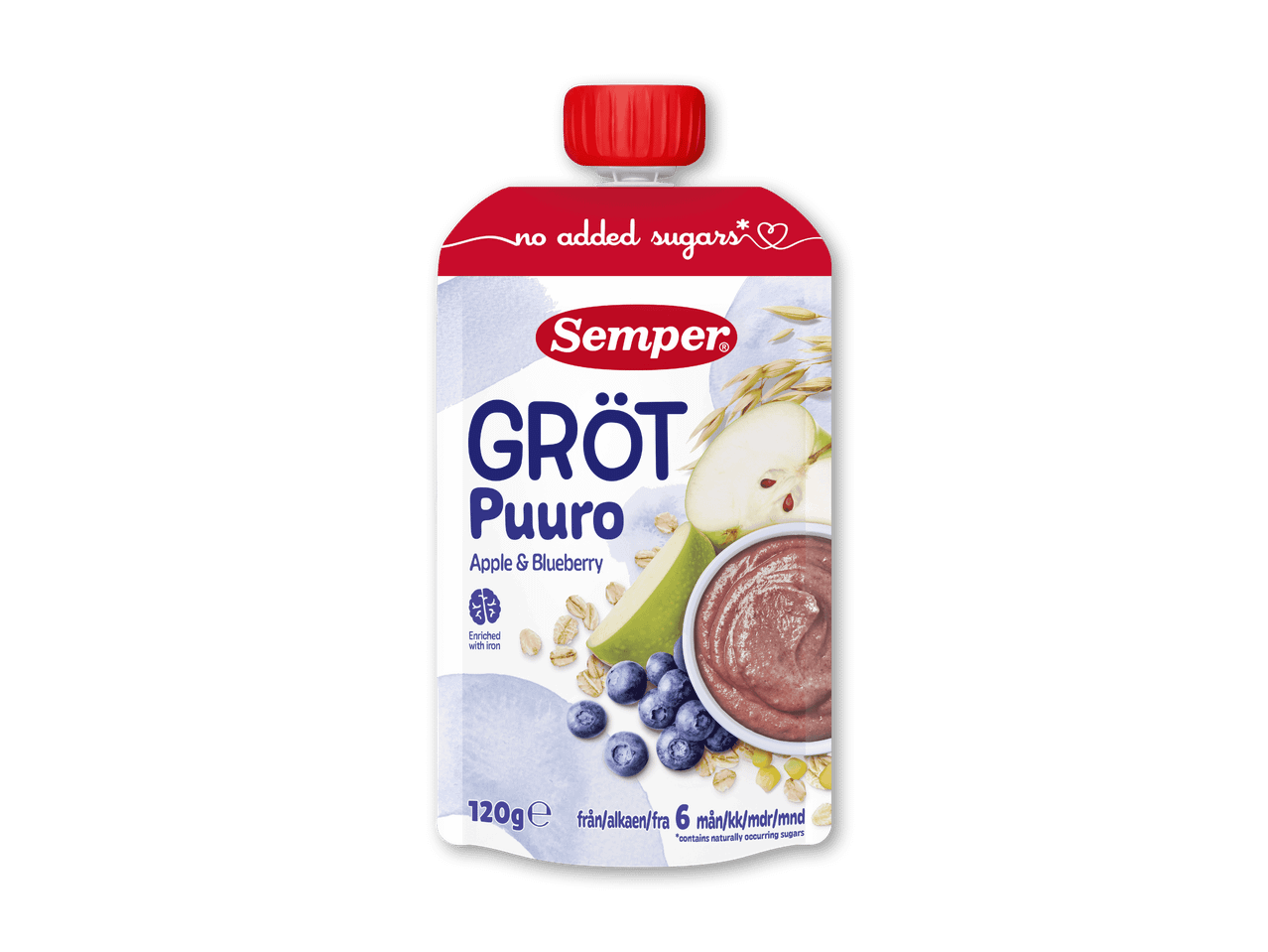 Grød i klemmepose med æble og blåbær, beriget med jern og uden tilsat sukker.