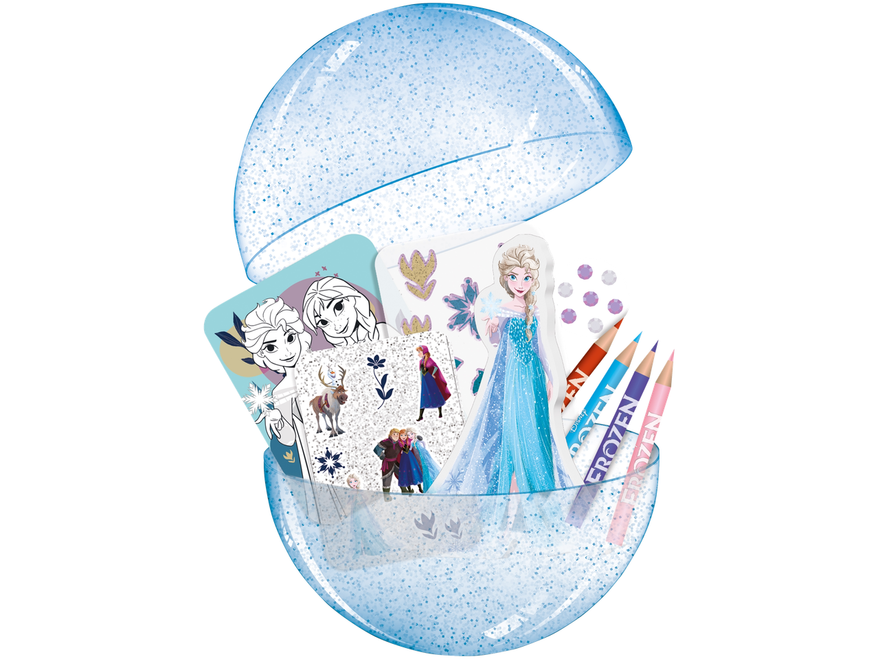 Stickere, creioane și pietre prețioase cu tematică Frozen într-un glob cu sclipici.