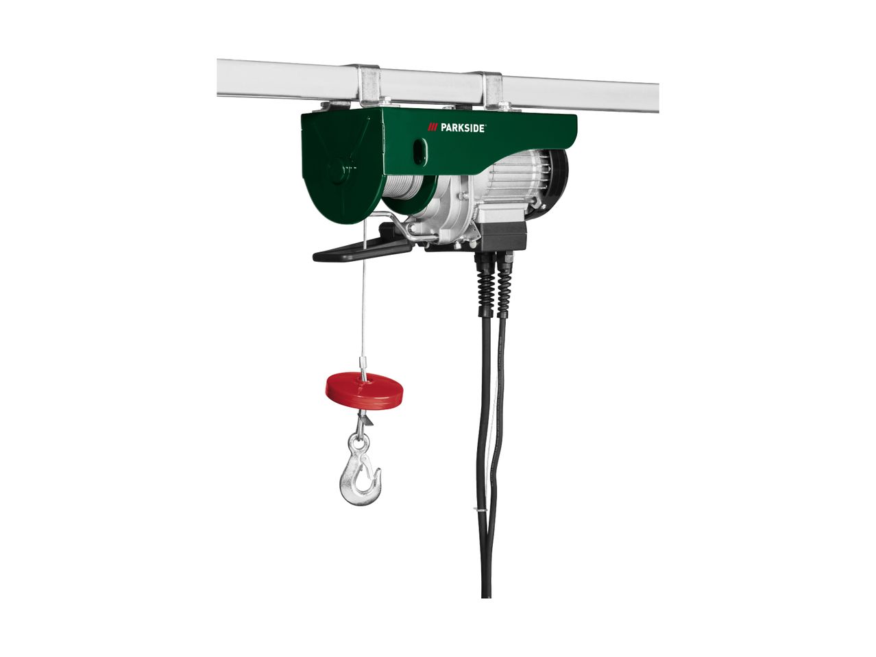 Electric hoist with a red hook and black cables, mounted on a silver rail.