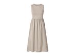 Sleeveless beige maxi dress with a round neck and gathered waist.
