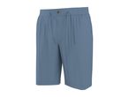 Men's blue shorts with a drawstring waist and button closure.