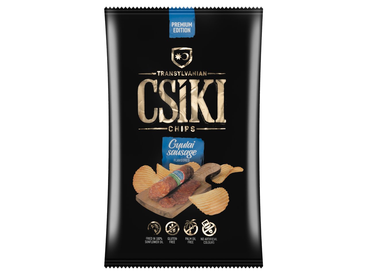 Csíki Chips, Gyulai kolbász ízű, fekete és arany dizájnnal.