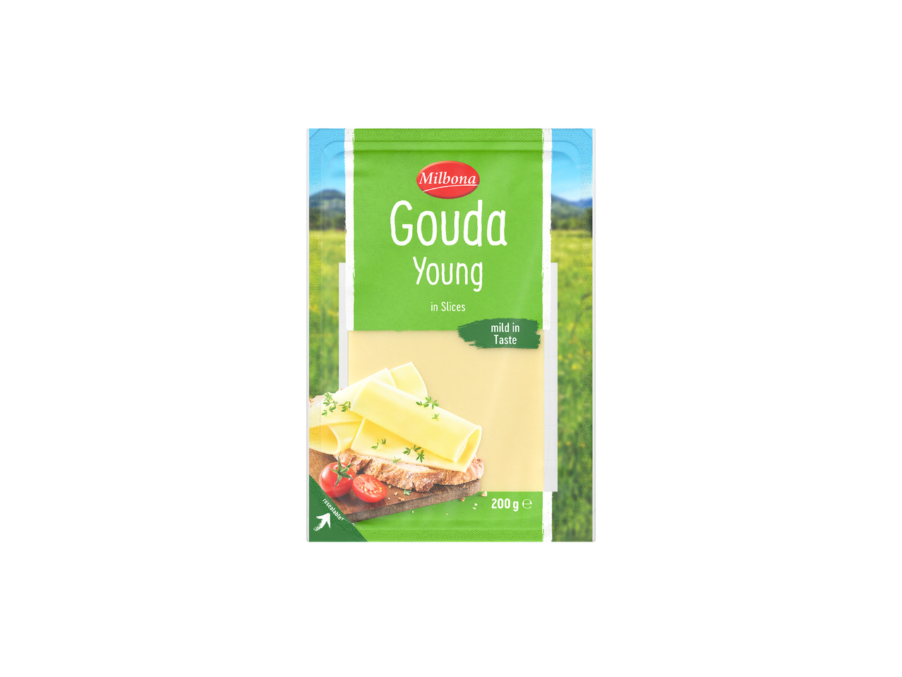 Опаковка с младо сирене Гауда на филийки, с надпис „мек вкус“ и „200 g e“.