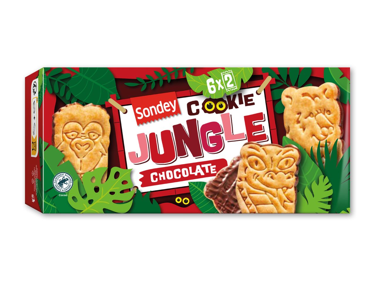 Jungle-formede chokoladekiks med dyremotiver, 6x2 pakker, Rainforest Alliance-certificeret kakao.