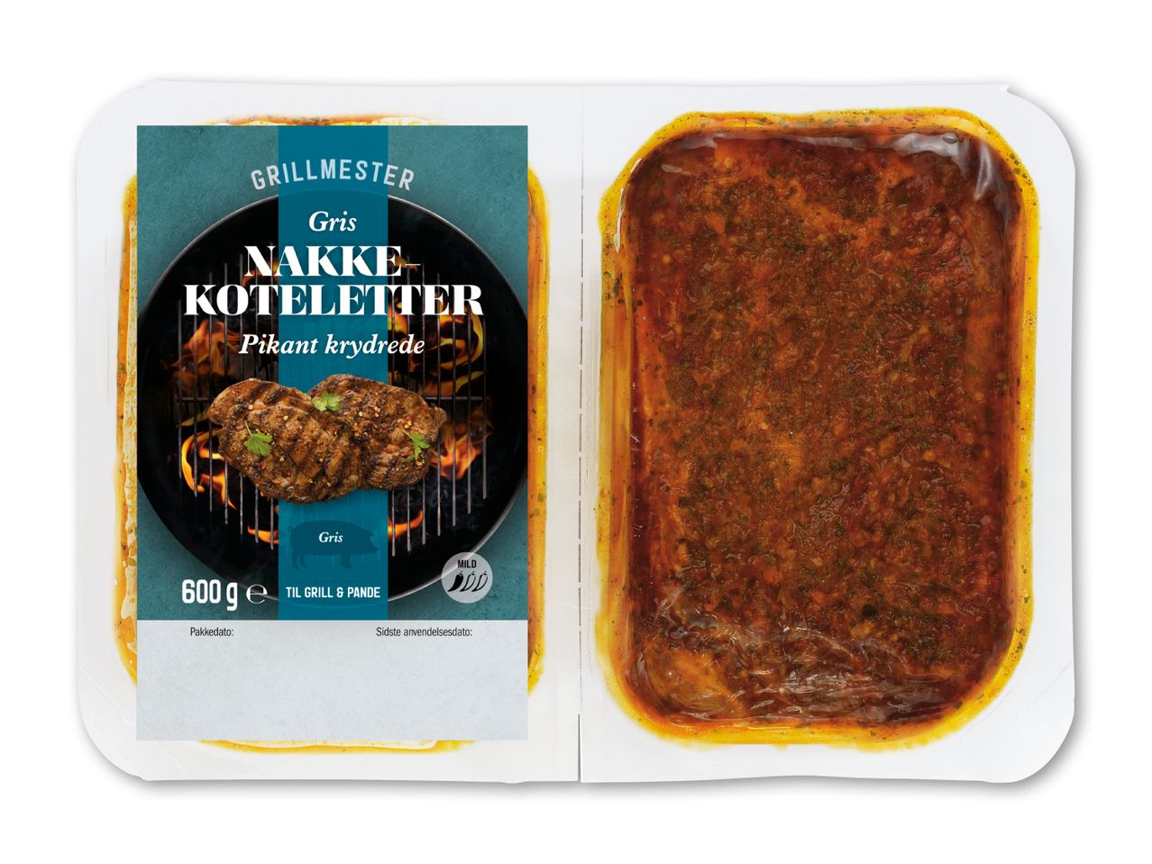 Pikant krydrede nakkekoteletter af gris til grill og pande, 600g.