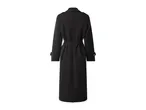 Black long trench coat with a belt, back view.