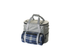 Grey cooler bag with a rolled-up blue plaid blanket attached.