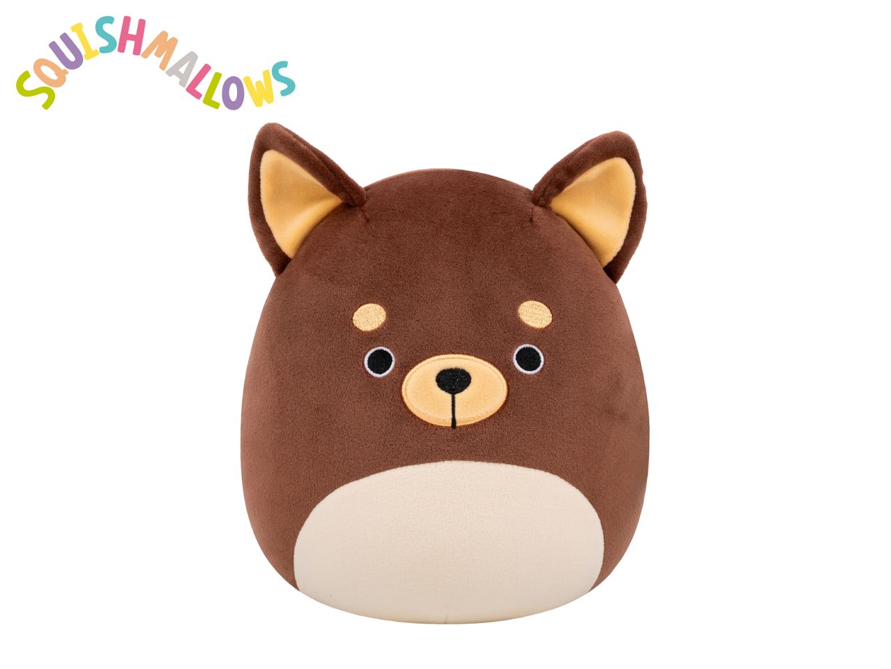 Brown dog plush toy with a cream belly and inner ears, with the word 'SQUISHMALLOWS' above