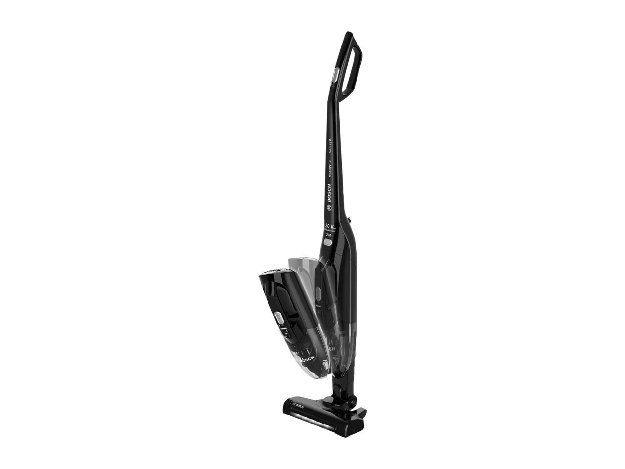 Black 2-in-1 cordless stick vacuum cleaner with a detachable handheld unit.