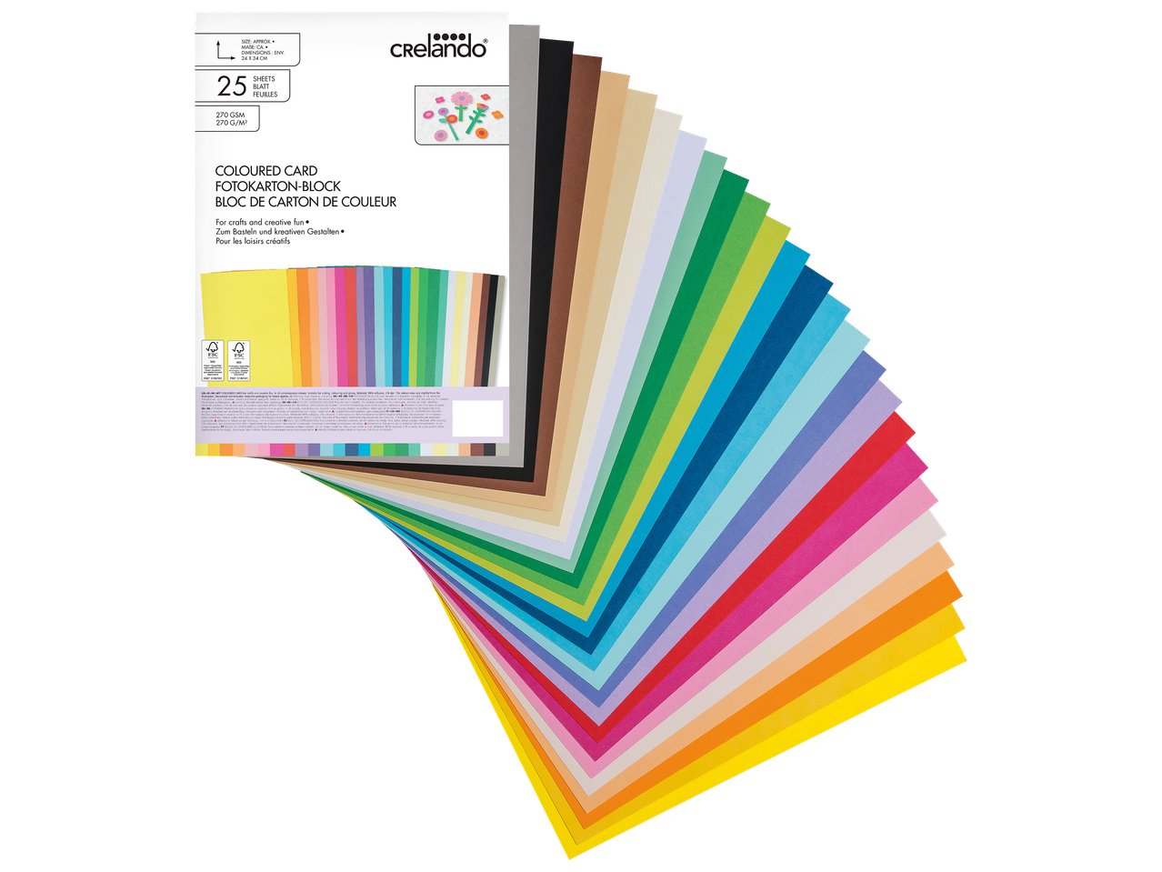 Un bloc de 25 feuilles de carton coloré de 270 g/m² pour les loisirs créatifs, avec des dimensions de 24 x 34 cm.