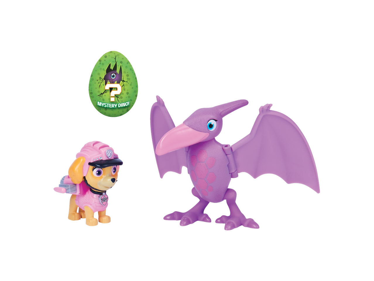 Skye de la Paw Patrol cu un dinozaur mov.