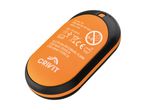 Crivit power bank, orange and black, with specifications and safety symbols.