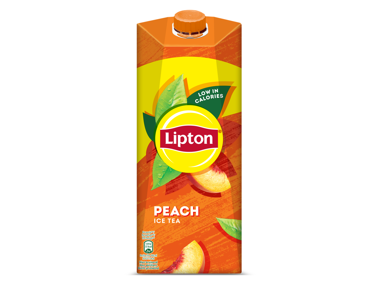 Lipton Ice Tea Peach, laag in calorieën, met theebladeren en perzikschijfjes