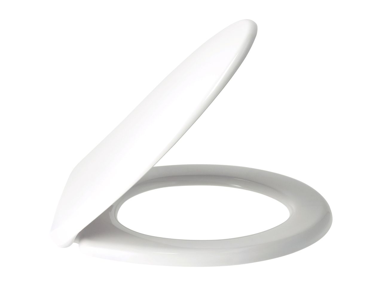 A white toilet seat and lid, partially open, on a white background.