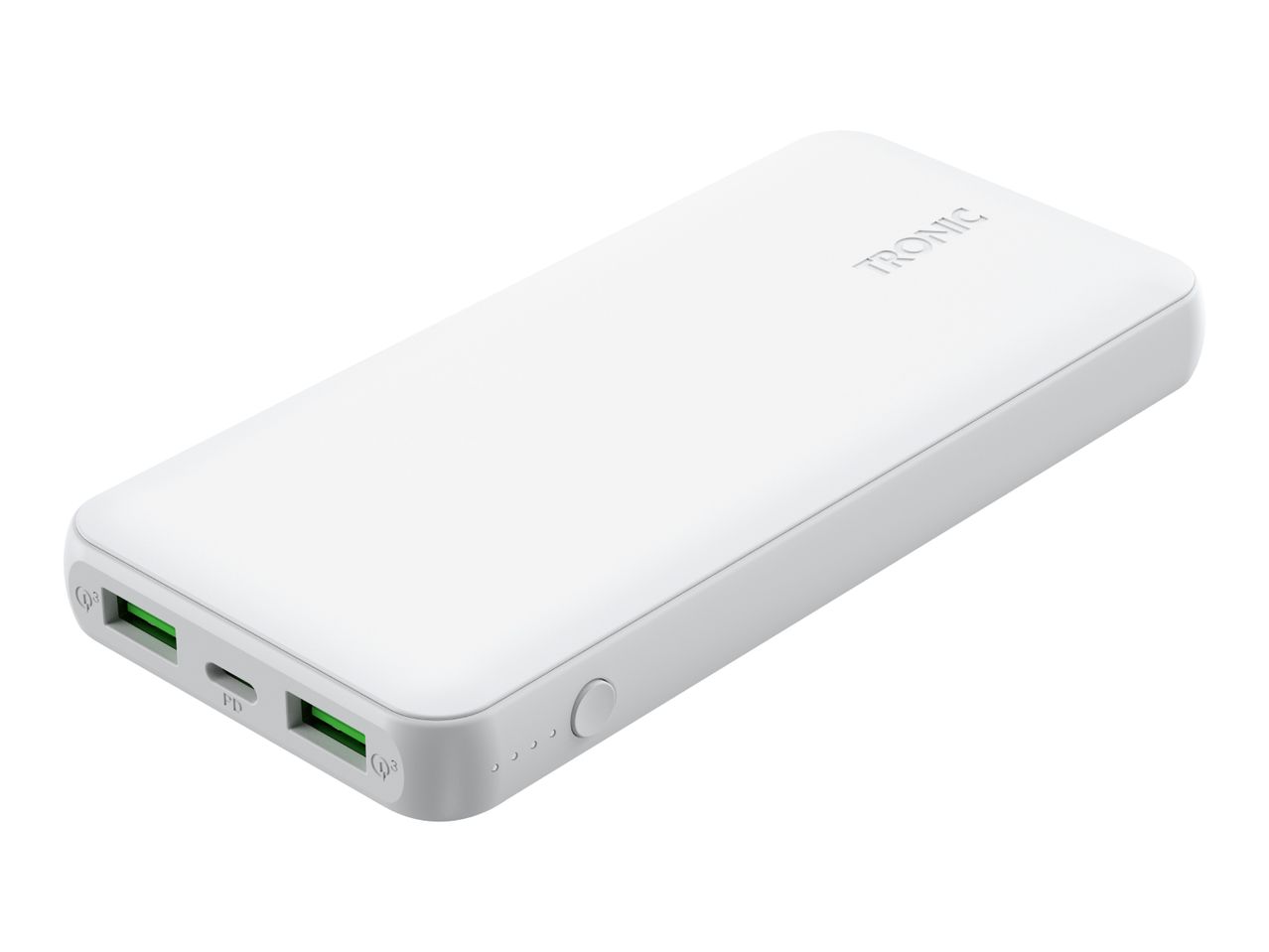 White power bank with multiple USB ports and power indicator lights.