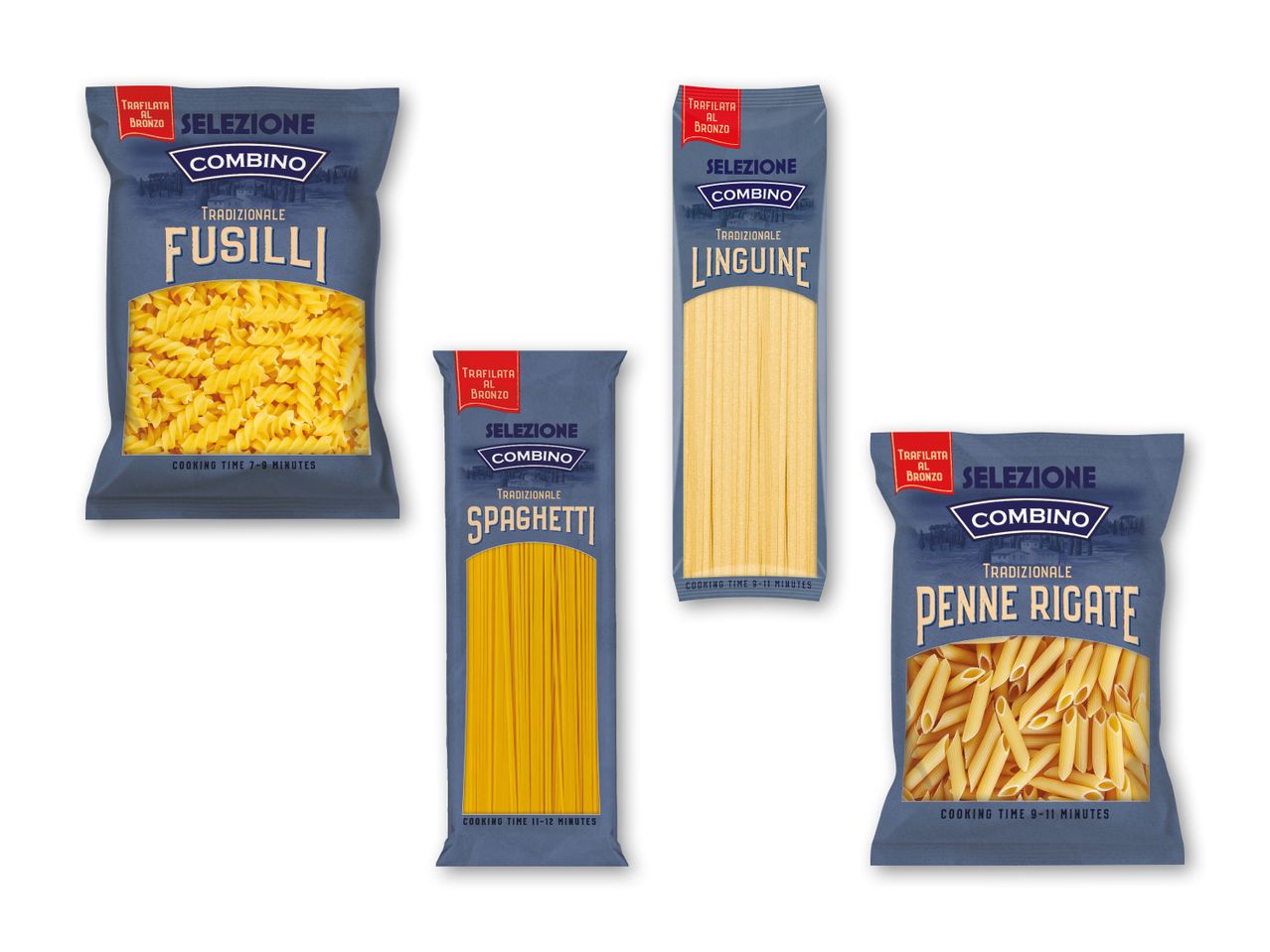Fire pakker traditionel pasta: fusilli, spaghetti, linguine og penne rigate.
