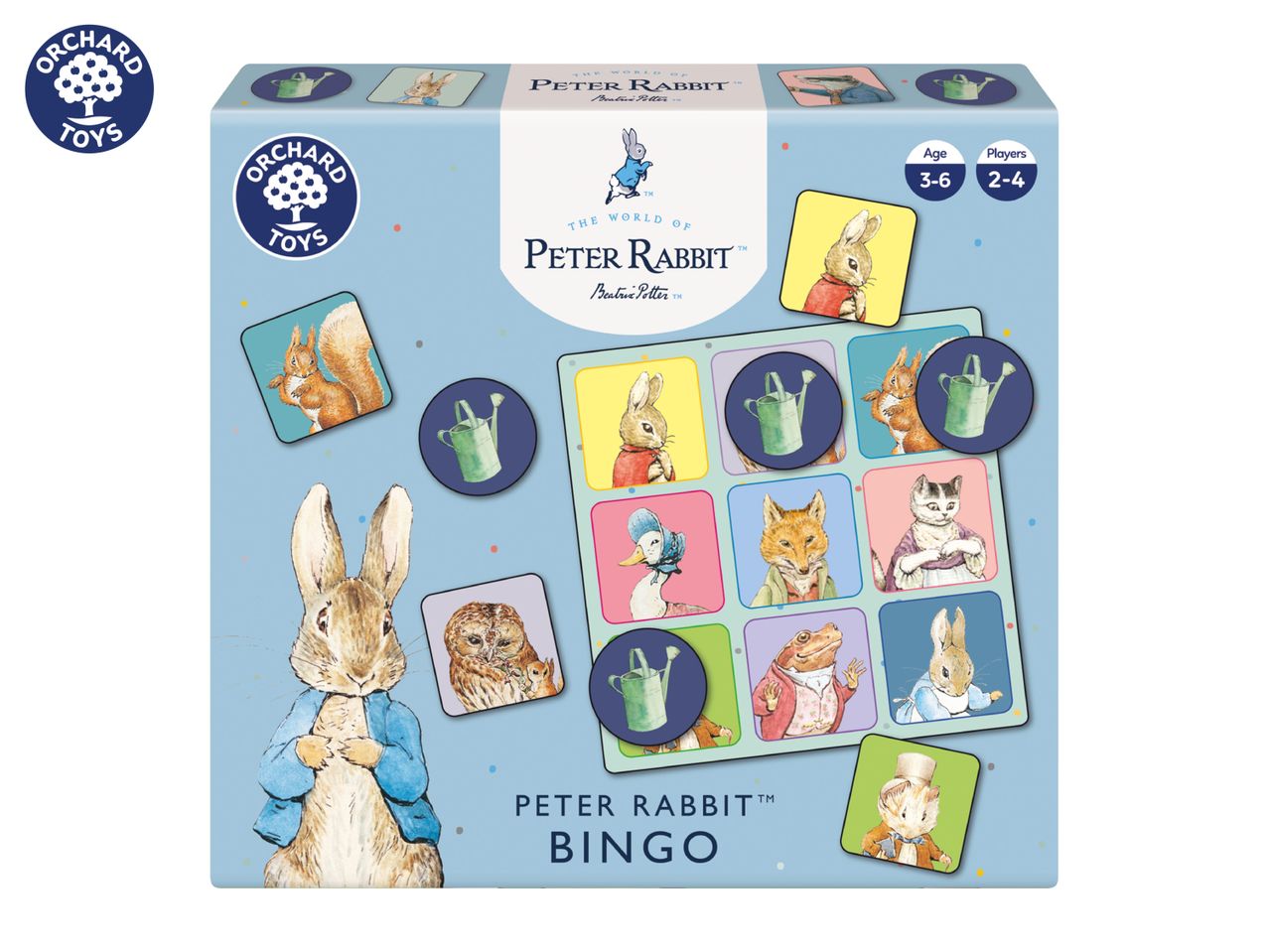Peter Rabbit Bingo game for ages 3-6, 2-4 players, featuring characters and a watering can.