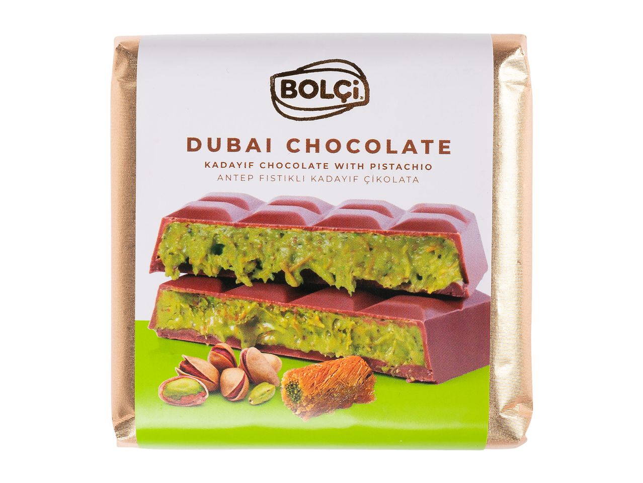 Ciocolată cu fistic și kadaif, cu textul 'DUBAI CHOCOLATE KADAYIF CHOCOLATE WITH PISTACHIO'