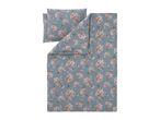 Duvet cover set with a floral pattern of pink peonies on a blue-grey background.