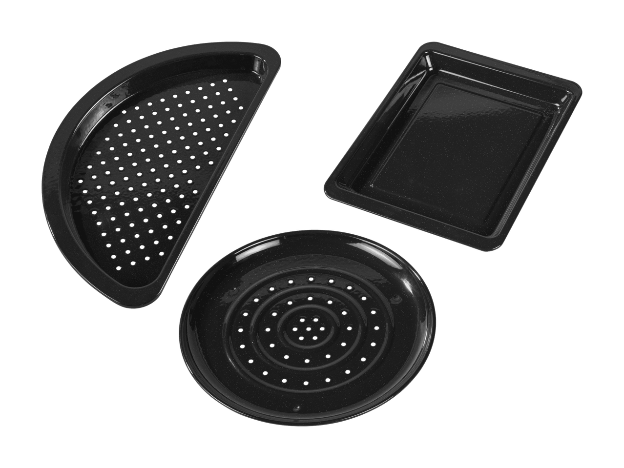 Trois moules de cuisson noirs : un demi-cercle perforé, un rectangle et un cercle perforé.