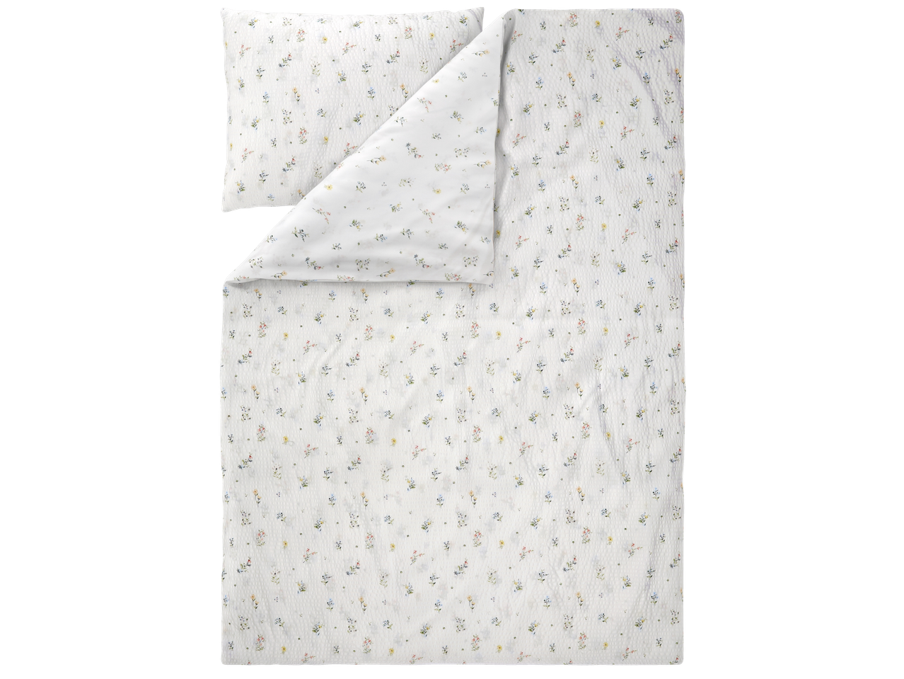 LIVARNO Krep posteljina s nježnim cvjetnim uzorkom u bijeloj, plavoj i ružičastoj boji.
