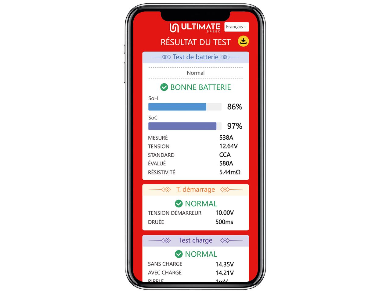Un smartphone affichant les résultats d'un test de batterie et de démarrage.