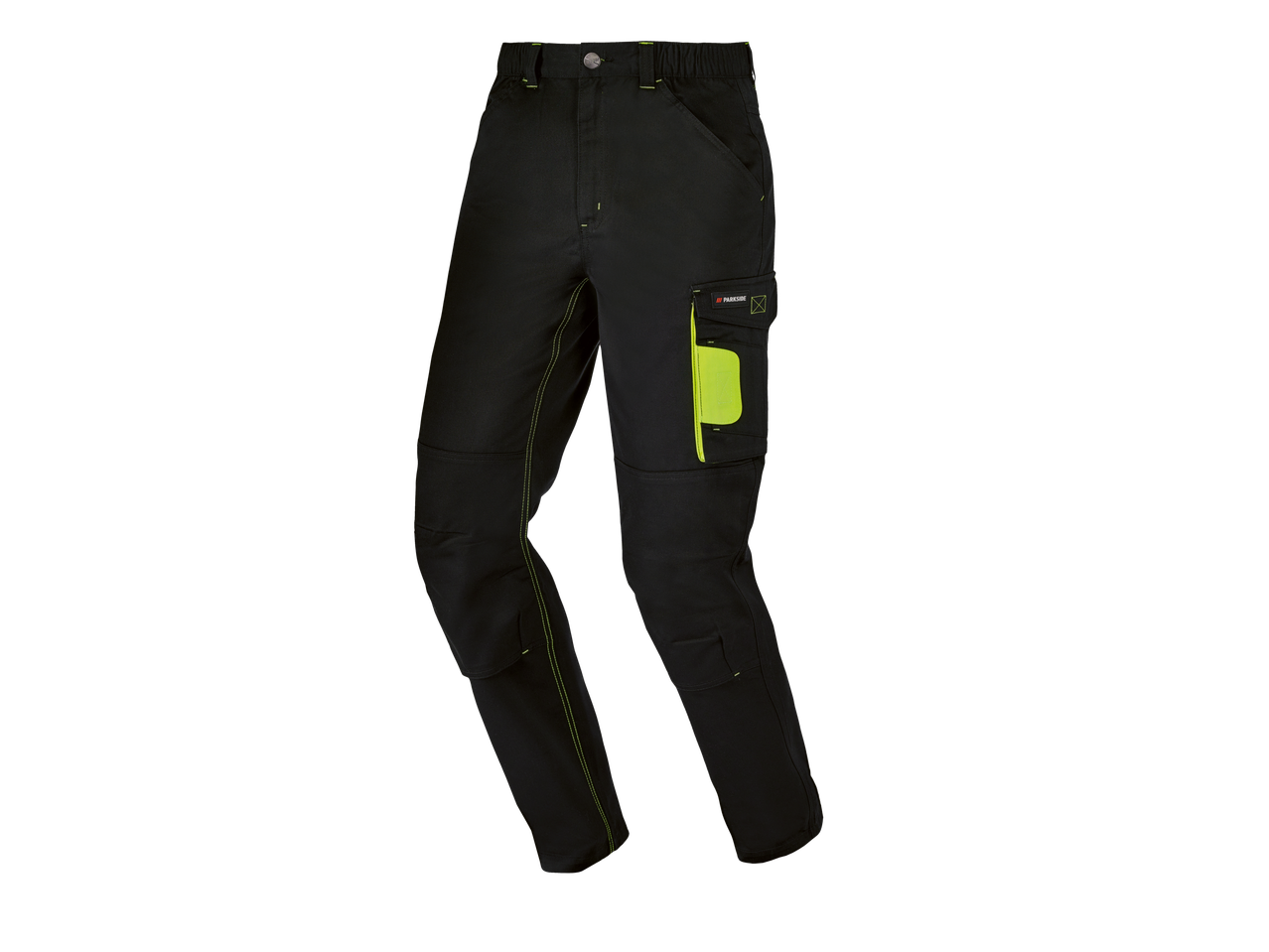 Calças de trabalho pretas Parkside® com detalhes e bolsos em verde néon.