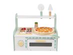 Wooden toy pizza oven with pizza, toppings, and serving utensils