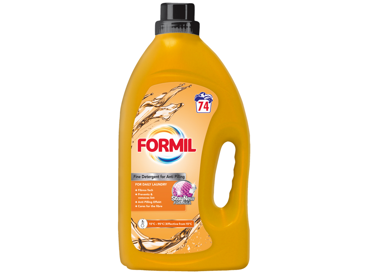 Detergent lichid galben FORMIL, 3 l, cu formulă anti-scămoșare.