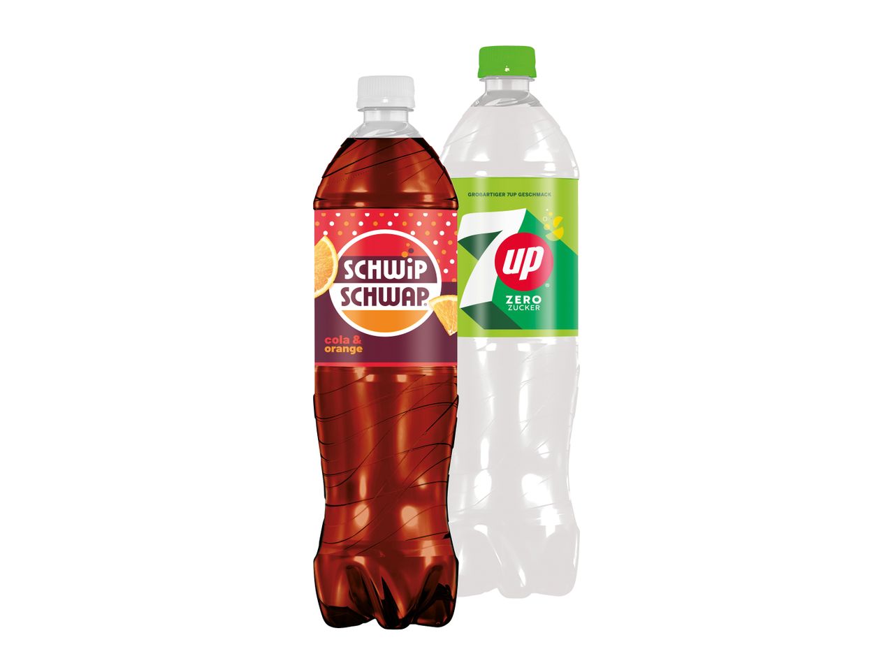 Schwipp Schwap Cola & Orange und 7 Up Zero Zucker Getränke.
